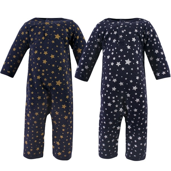 slide 1 of 1, Hudson Baby Infant Premium Quilted Coveralls 2pk, Metallic Stars 0 - 3 Months - Blue