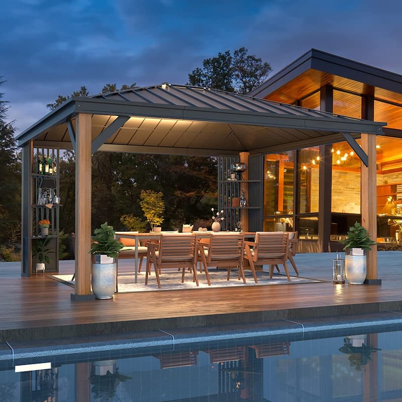 EROMMY 12' x 14' Hardtop Gazebo Faux Wood Grain Metal Gazebo with Storage Shelves, Outdoor Patio Gazebo Pergolas - Brown