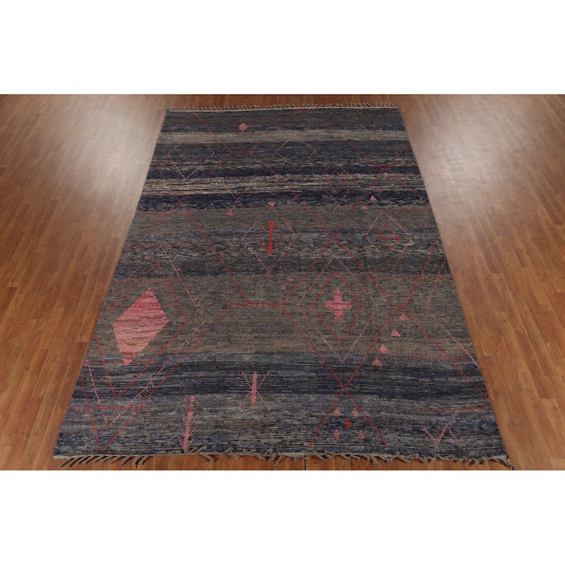 Blue Striped Moroccan Area Rug Hand-Knotted Wool Carpet - 8'2"x 12'3"