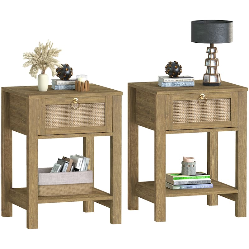 SICOTAS Farmhouse 1-Drawer Rattan Nightstand Set of 2 - Cherry Red