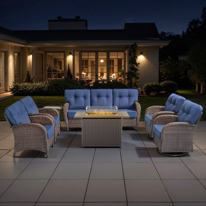 TWrap Wicker Patio Fire Pit Conversation Set with 3-Seat Sofa & Swivel Gliders & Armchairs - Brown/Navy Blue - No Ottomans
