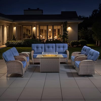 TWrap Wicker Patio Fire Pit Conversation Set with 3-Seat Sofa & Swivel Gliders & Armchairs