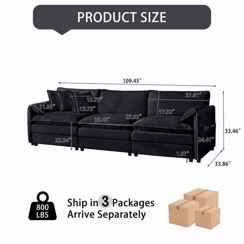 Modern Modular 3 Seat Sofa with Deep Dual Layer Cushions and Storage Pockets for Living Room and Guest Room