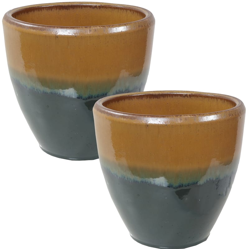 Sunnydaze Glazed Ceramic Planter with Drainage Holes - Set of 2