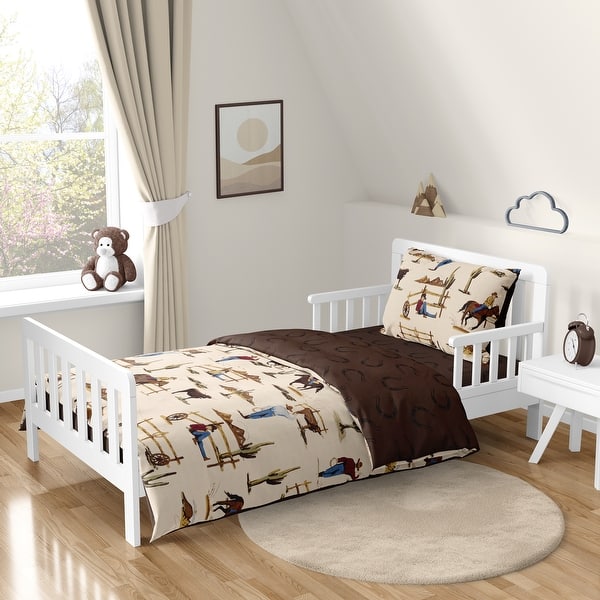 slide 2 of 6, Sweet Jojo Designs Brown Western Cowboy Boy 5p Toddler Size Comforter Set Wild West Horseshoe Southern Charm Horse Cow Animal