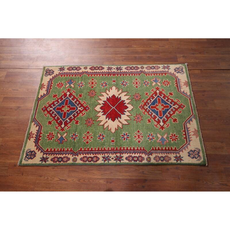 Light Green Kazak Oriental Foyer Rug Hand-Knotted Wool Carpet - 2'9" x 4'1"