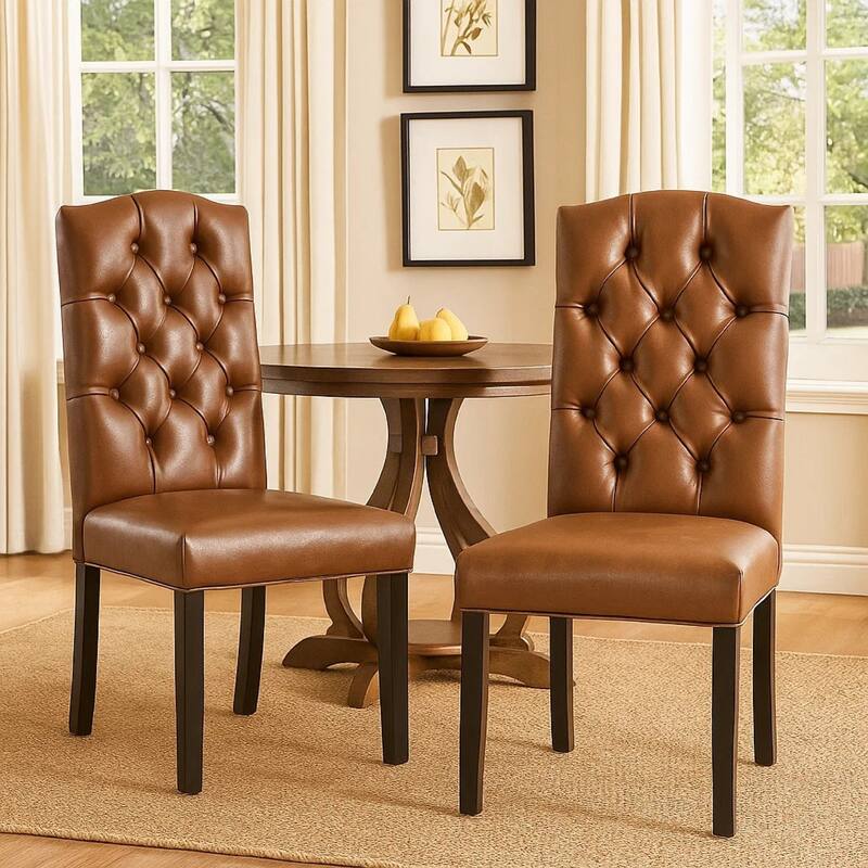 Elona Dining Chair Set of 2, Crown Top, Brown Tufted Faux Leather