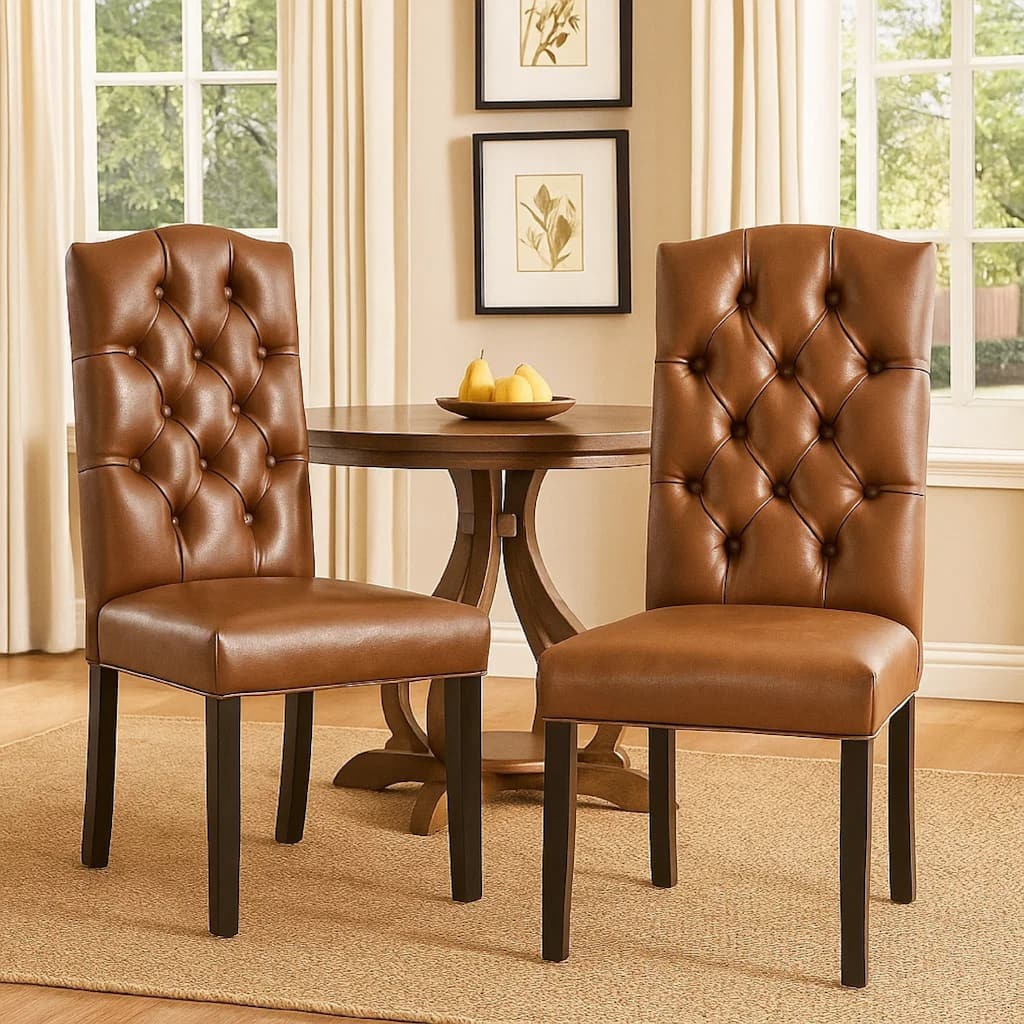 Elona Dining Chair Set of 2, Crown Top, Brown Tufted Faux Leather