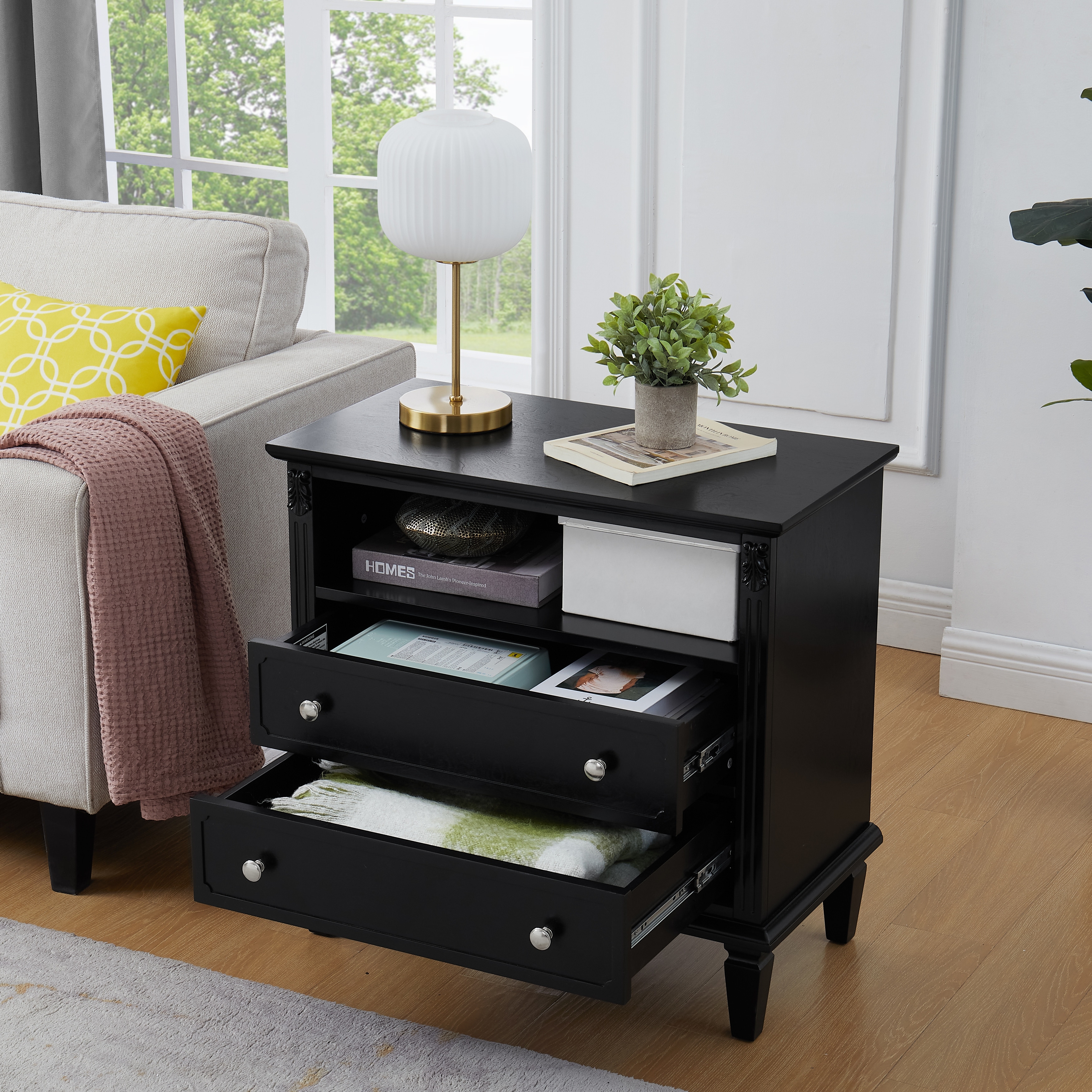 2 Drawers Dresser Nightstand with Charging Station, Black End Table Side Table Storage Cabinet with Wood Legs