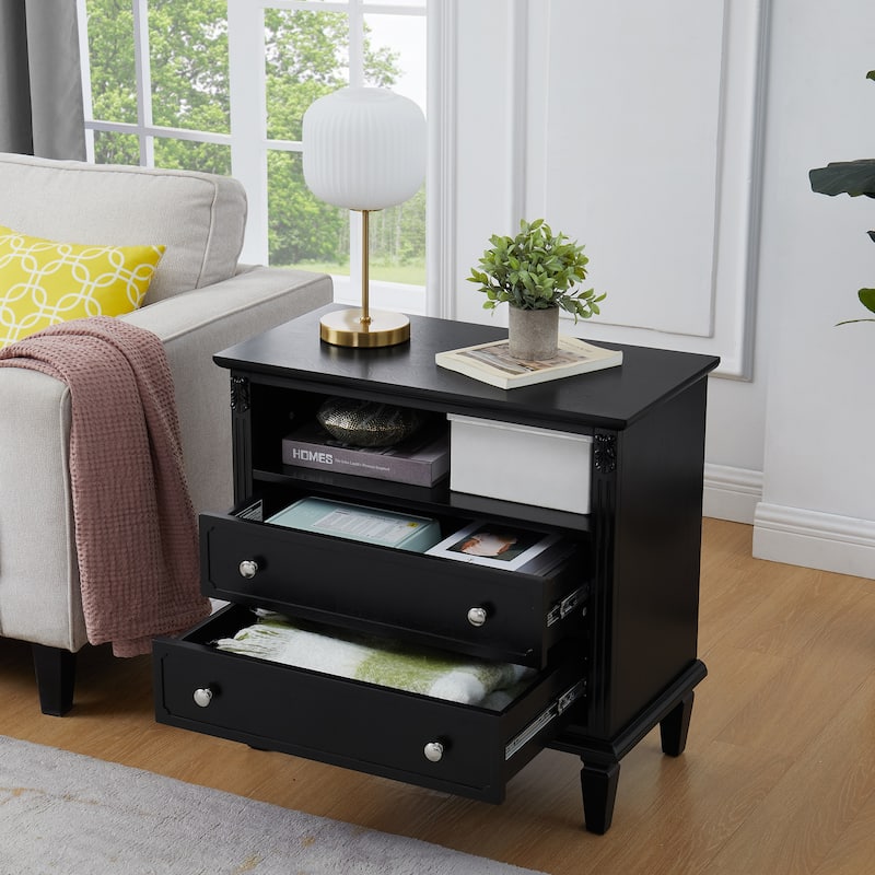 Farmhouse Nightstand with 2 Drawers and Charging Station, Solid Wood Legs, USB Ports & Open Shelf, Fluted Design End Table