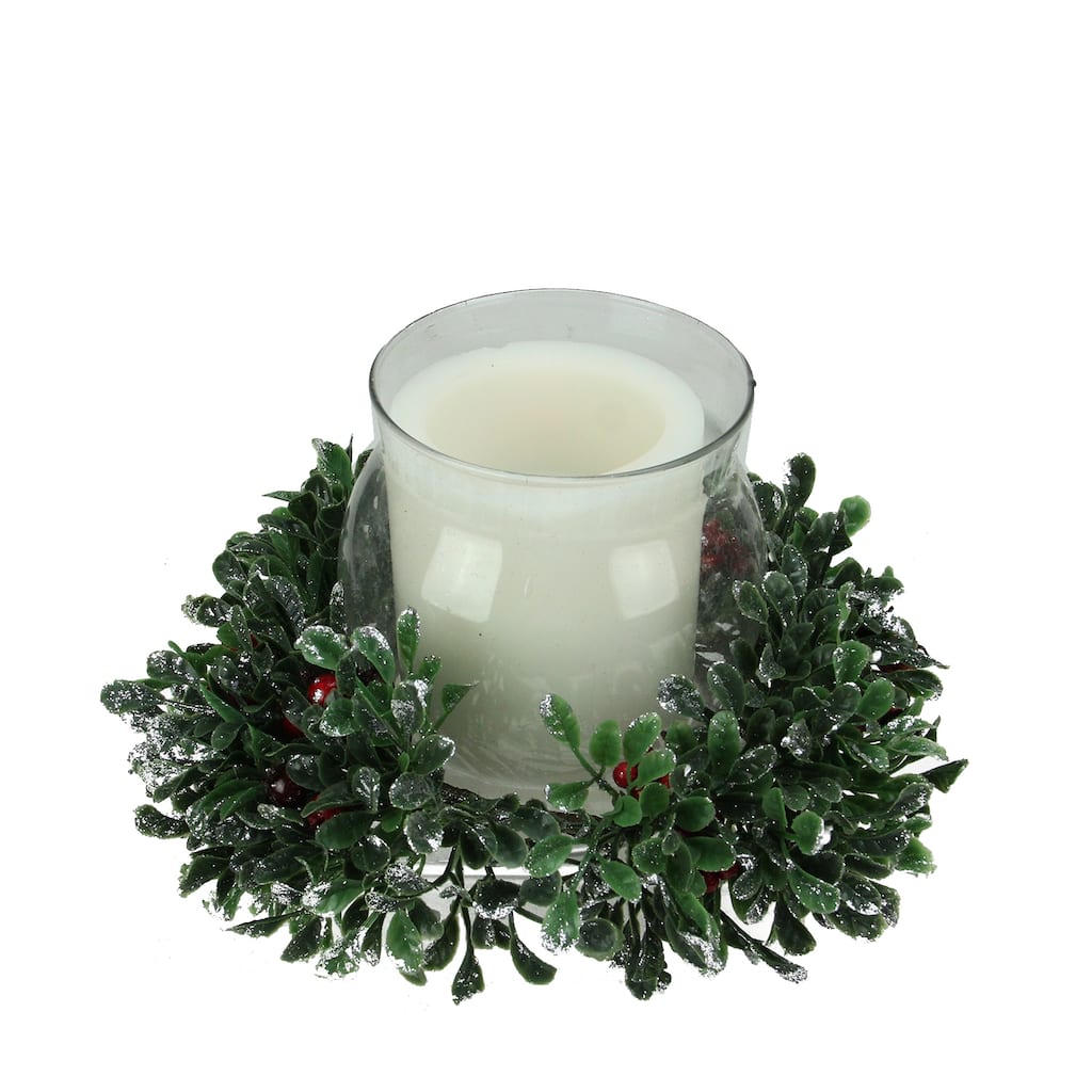 6" Clear Green Boxwood Berry Tipped Hurricane Pillar Candle Holder