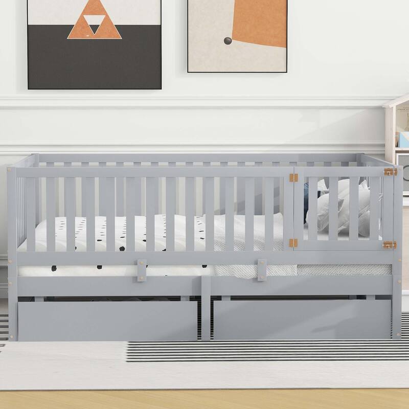 Full Size Wood Daybed with Fence Guardrails and 2 Drawers - Gray