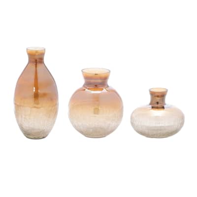 Crackled Glass Bottle Neck Vases - 7.75" - Brown - Set of 3