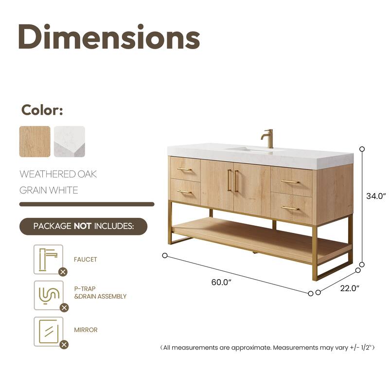 Kolkata Bathroom Vanity in Weathered Oak without Mirror
