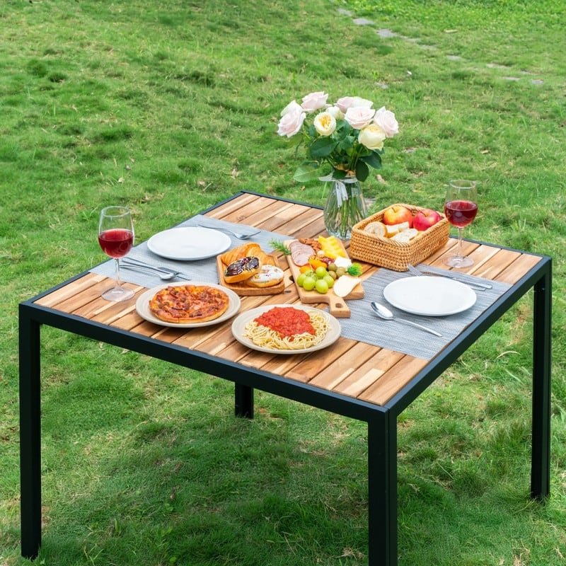 All Weather 5-Piece Patio Dining Table Sets, Patio Conversation Set Acacia Wood Table Top with Umbrella Hole, Rattan Outdoor