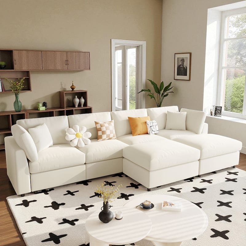 130" Large U-Shaped Modular Sectional Sofa with 2 Ottomans, Chenille Fabric Couch for Living Room & Home Theater - Beige