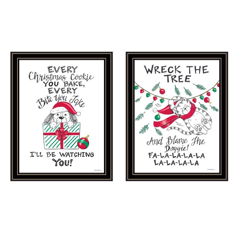 2-Piece Framed Wall Art Set - Cat & Dog Christmas Enjoyment, Black Frame