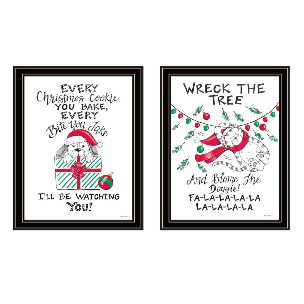 2-Piece Framed Wall Art Set - Cat & Dog Christmas Enjoyment, Black Frame