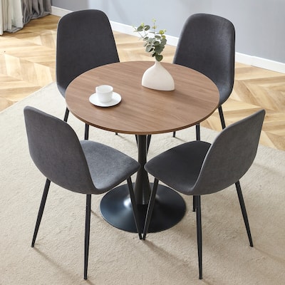 Modern 5-Piece Round Dining Table Set, 31.9" Wood Table with Black Hourglass Legs & 4 Fabric Chairs for Kitchen Small Space