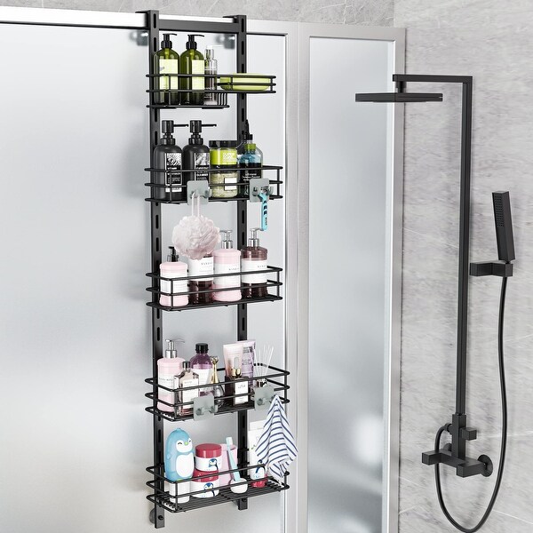 Over the Door Shower Caddy Adjustable 5 Tier Black Bathroom Hanging Organizer Shelf Rustproof with 4 Hooks Black Bed Bath Beyond 40491716