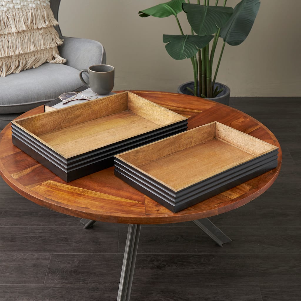Brown Mango Wood Handmade Living Room Decor Tray with Black Groove Exterior (Set of 2)