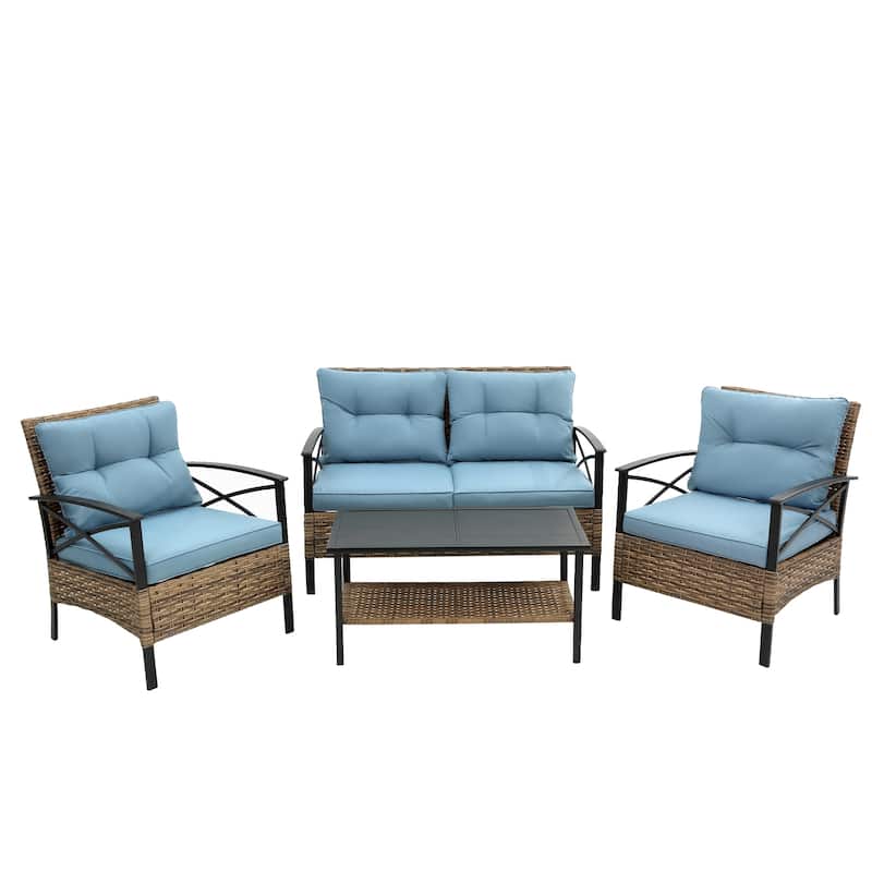 HOMEFUN 4-Piece Rattan/Wicker Outdoor Garden Furniture Corner Sofa Set With Cushions - Blue