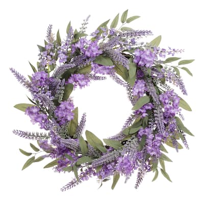 24" Artificial Lavender Floral Spring Wreath With Green Leaves