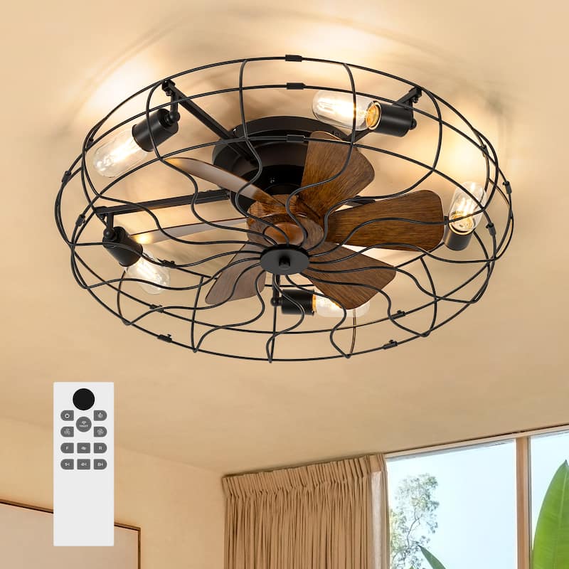19"/23.6" Farmhouse Industrial Enclosed Caged Ceiling Fan with Light & Remote - 23.6-INCH