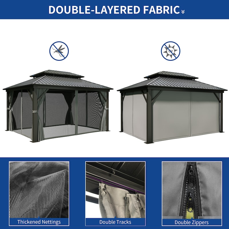 2-Tier Galvanized Aluminum Hardtop Canopy Gazebo with Netting and Curtains