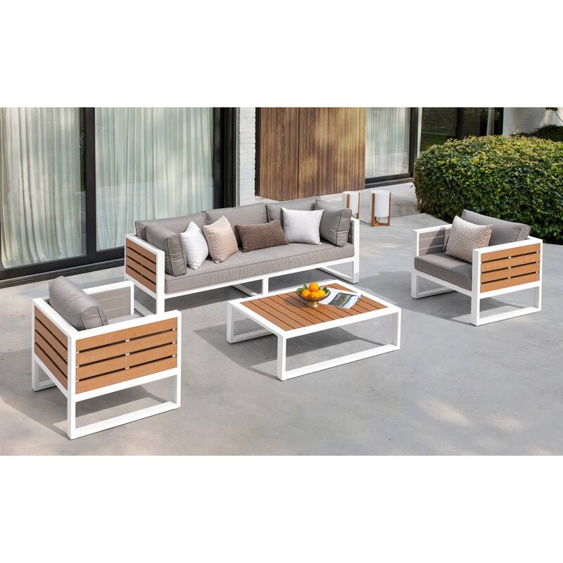 Outdoor Armchair with Cushion and Pillow, All-aluminum, Imitation Wood