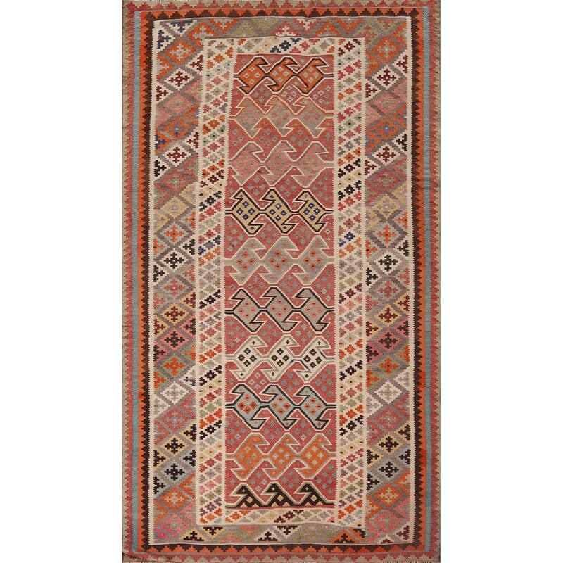 Geometric Kilim Qashqai Persian Area Rug Hand-Woven Tribal Wool Carpet - 5'5"x 9'8"