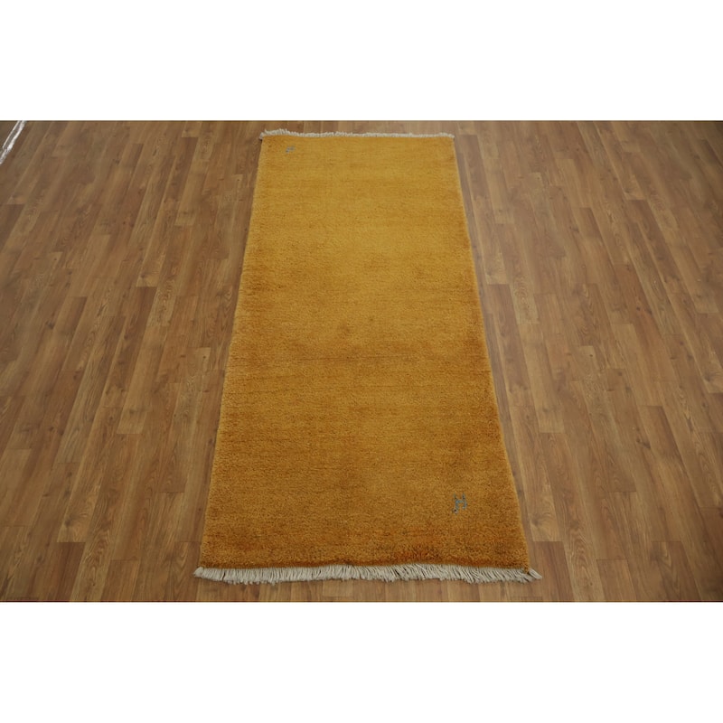 Hand Knotted Oriental 100% Wool Carpet Tribal Abstract Yellow & Gold Gabbeh Runner Rug - 6' 8'' X 2' 11''