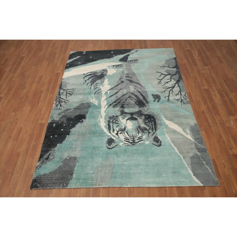 Hand Knotted Oriental Viscose Silk Carpet Modern Animal Pictorial Green Abstract Area Rug - 7' 10'' X 5' 6''
