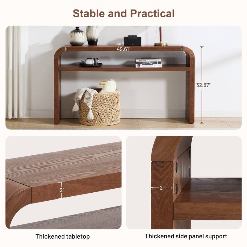 59.4" 2-Tier Curved Long Console Table with Solid Oak Wood Veneer - 59.45"L x 13.78"W x 32.87"H