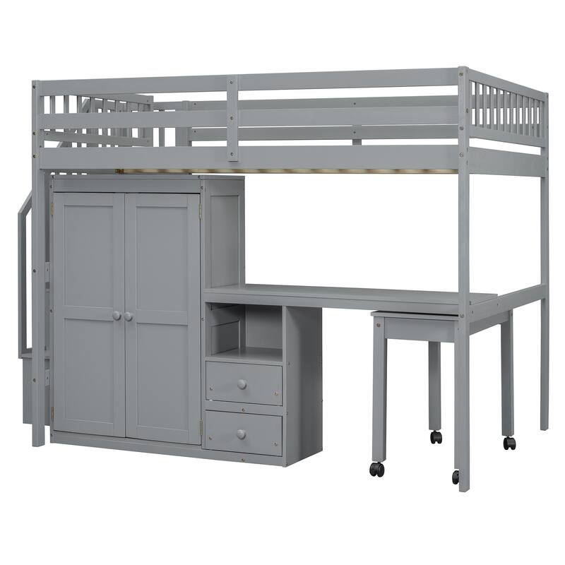 Full Size Loft Bed with Stairs, Bookshelf, Drawers, Desk & Wardrobe - Space-Saving Multifunctional Furniture for Kids & Teens