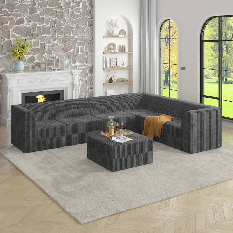 130.3" Corduroy L-Shaped Sectional Sofa with Sleeper Option - Grey