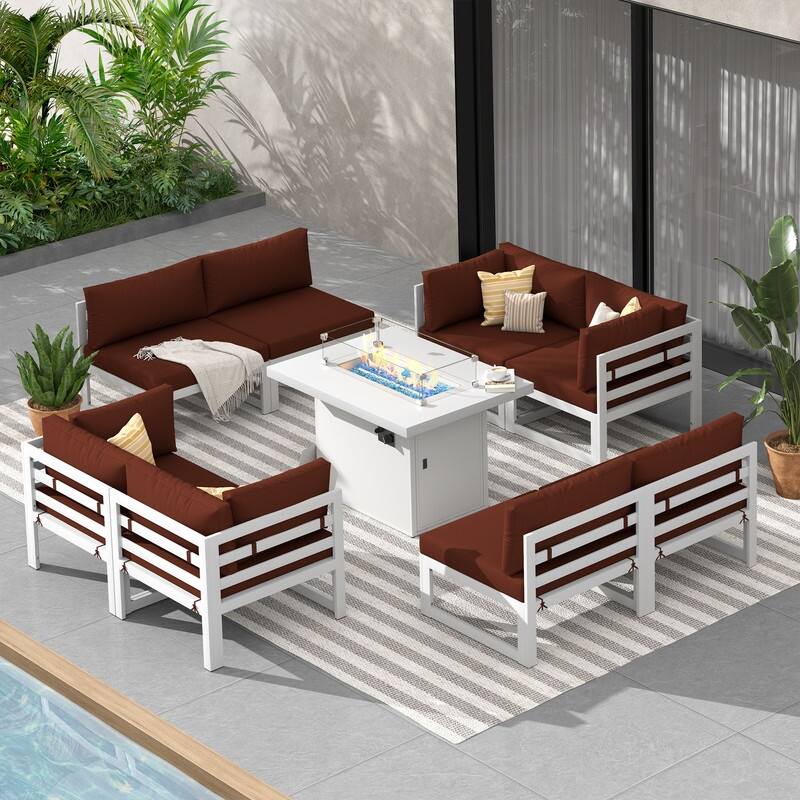 9-Piece Modern Aluminum Outdoor Furniture Set With Fire Pit Table Propane/Gas 60,000 BTU, Extra Large Aluminum Patio Sectional - White Frame - Burgundy