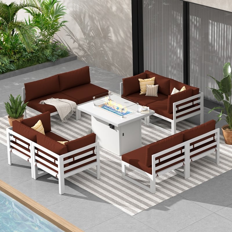 FINCATI 9 Piece Extra-large Aluminum Patio Furniture Set with 60,000 BTU Propane/Natural Gas Firepit Table