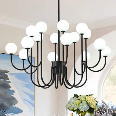 16 Lights Black Sputnik Chandelier 49in Modern Chandelier Mid Century Chandelier with Milk Glass Globe Shades - 36.61