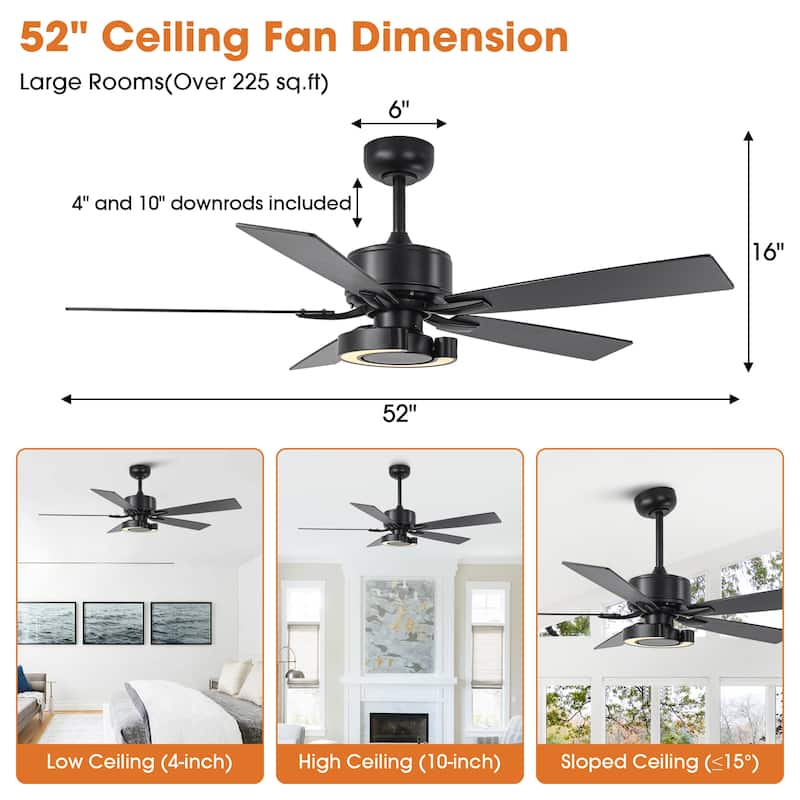 52-Inch Modern Intergatred LED Reversible Black Ceiling Fan with Light and Remote