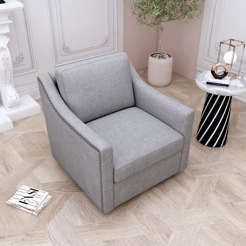 Cotton Fabric Swivel Accent Chair Armchair with Brass Nail Decorative