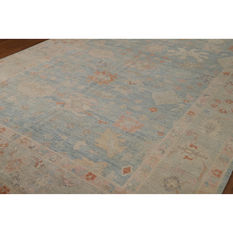 Light Blue Vegetable Dye Oushak Turkish Area Rug Handmade Wool Carpet - 8'9"x 11'8"