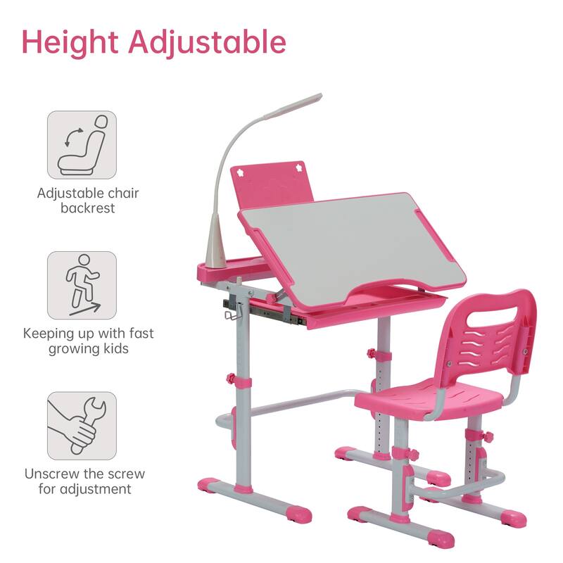 Ukuowu Height Adjustable Child's School Study Kids Desk and Chair Set with Tilt Desktop, LED Light, Storage Drawer, Book Stand