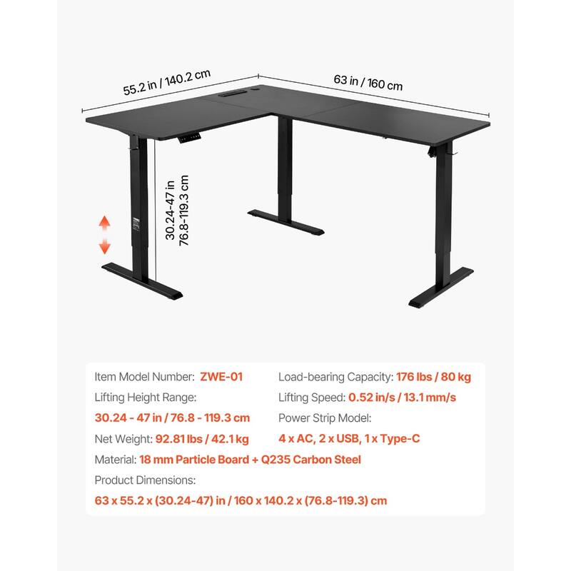 Black Particleboard Adjustable L Shaped Desk Table with USB Ports and Outlets