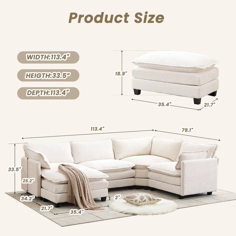 4-Seat Modular L-Shaped Corner Sectional Sofa with Ottoman, Soft Chenille Upholstery and Deep Seating for Living Room