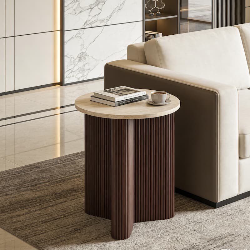 Christopher Knight Home - Arden Modern Marble Pattern Top Solid Side Table with Ribbed Brown Base