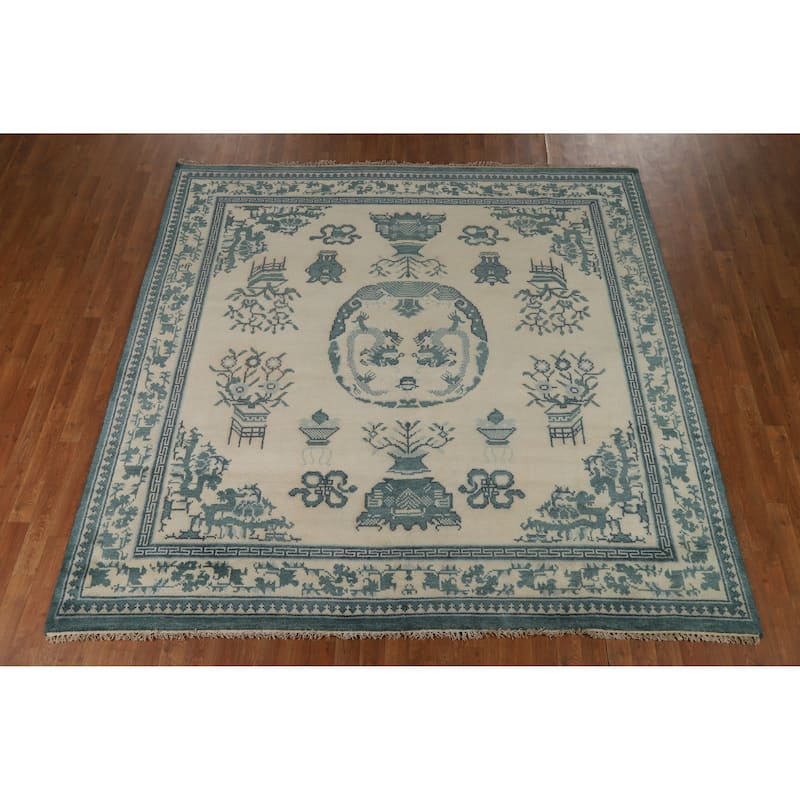 Art Deco Indian Square Area Rug Handmade Wool Carpet - 8'0" x 8'0"