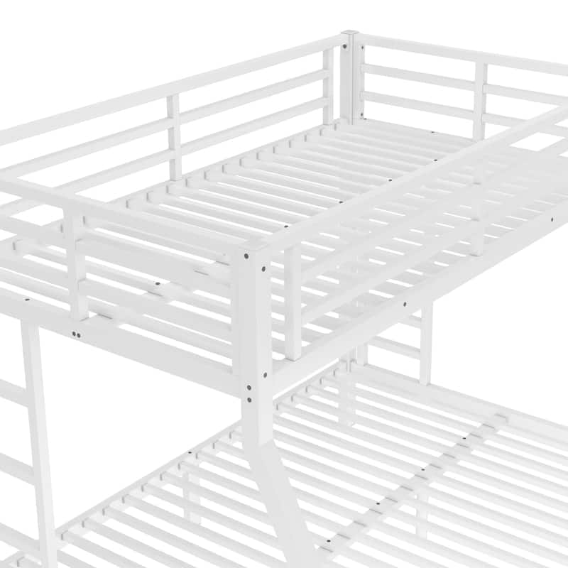 White Metal Twin over Full Bunk Bed Frame with Slats, 2 Side Ladder