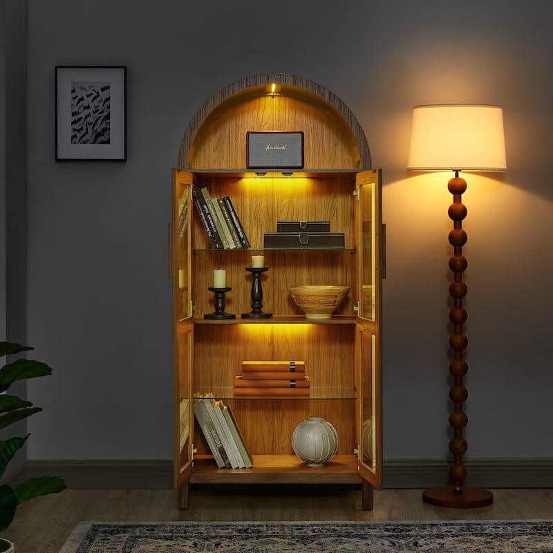 67" Arched Storage Cabinet with Glass Doors, Curio Display Cabinet with LED Strips, Adjustable Shelves, 4-Tier Wood Bookcase