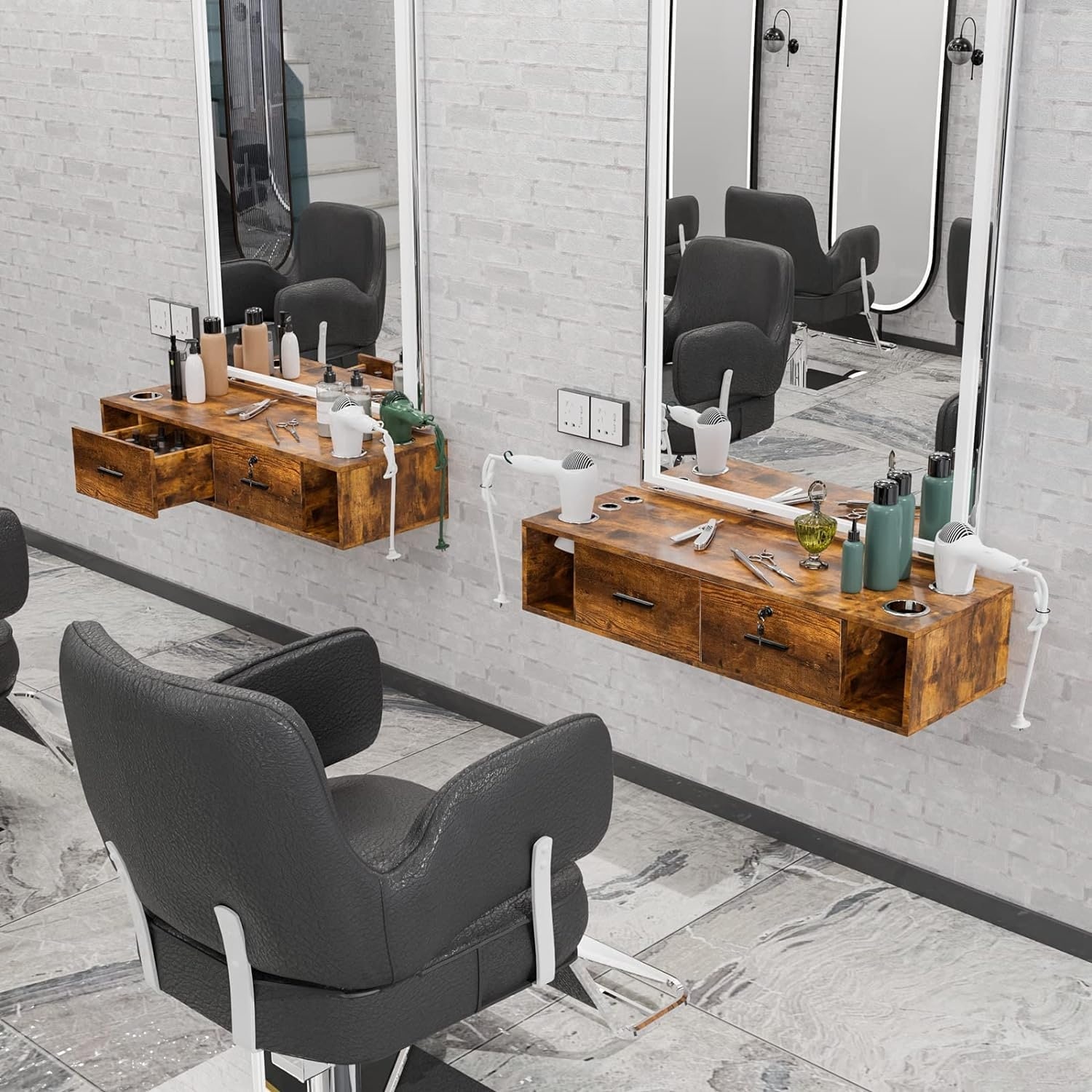 Wall Mount Barber Salon Station for Hair Stylist Salon Storage Cabinet Station with 5 Hair Dryer Holders Locking Drawers N A Brown